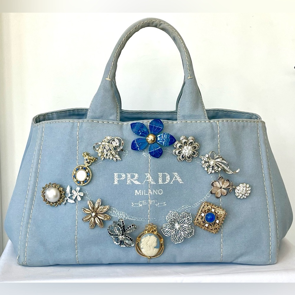 Prada Light Blue Denim Tote, Custom Embellished with 14 Vintage Brooches,16x9x10 - Picture 2 of 16